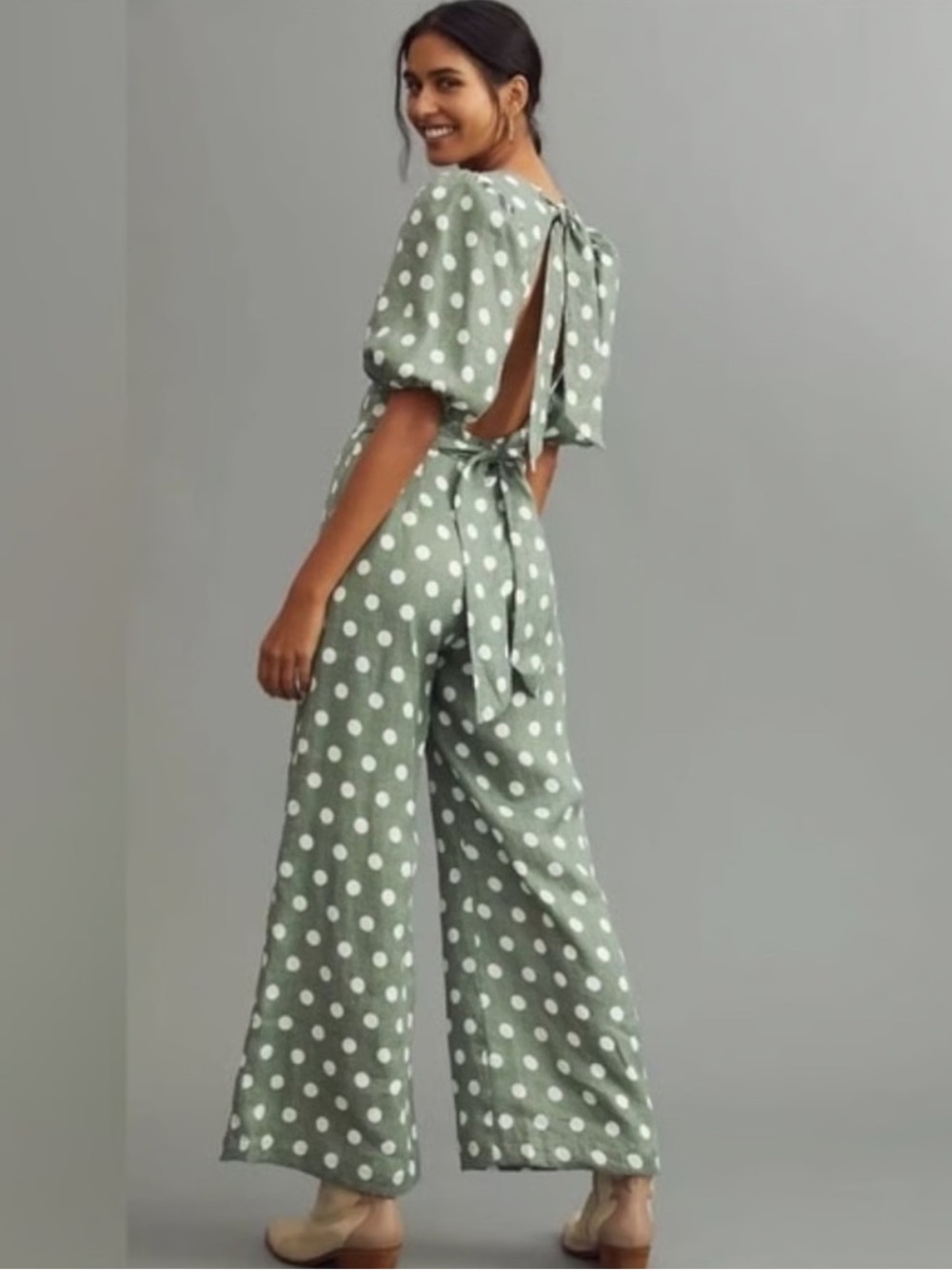 Anthropologie Sage Green Polka Dot Linen Wide-Leg Open-Back Jumpsuit